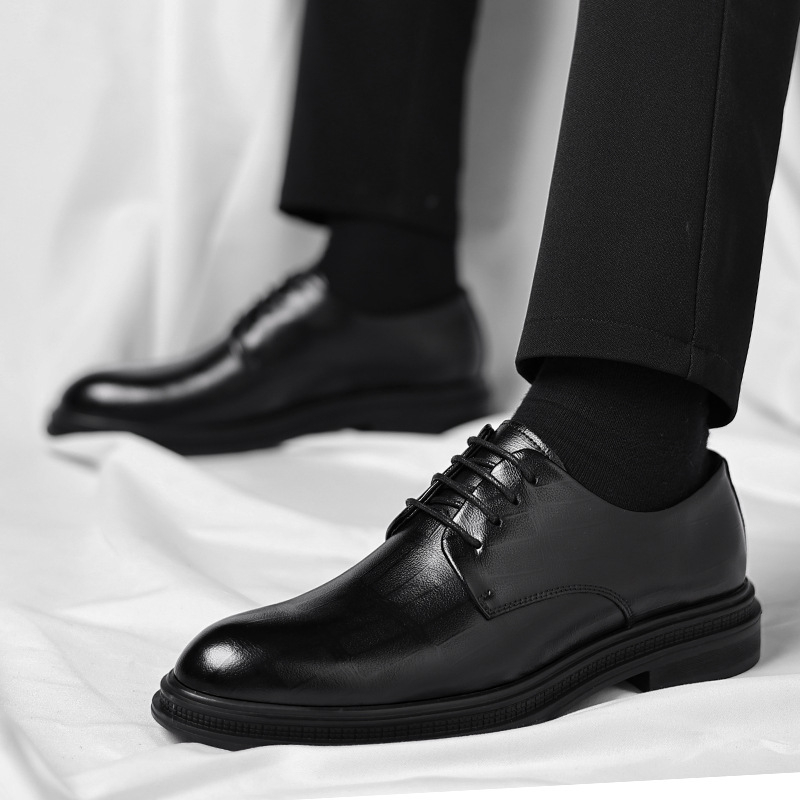 Men Formal Wear All Black - Мужские черные текстурированные кожаные туфли-дерби с
